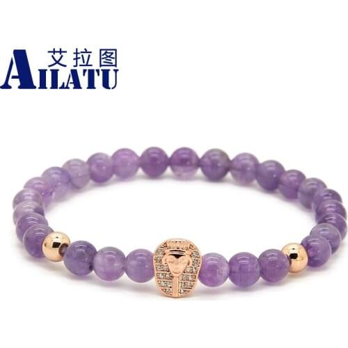 Ailatu New Arrival Jewelry 6mm Natural Purple Crystal Stone with Tutankhamun CZ Beads Pharaon Bracelet Pulseira Hombres