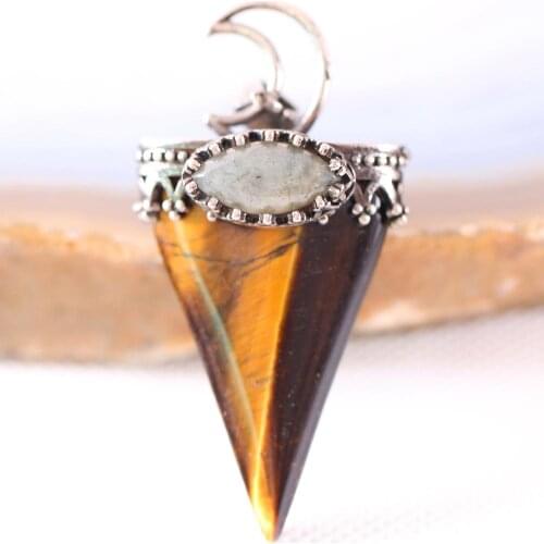 Charm Necklace Pendant Natural Gem Tiger Eye Labradorite Oval Bead Triangle Antique Crown Half Moon Jewery Gift K698