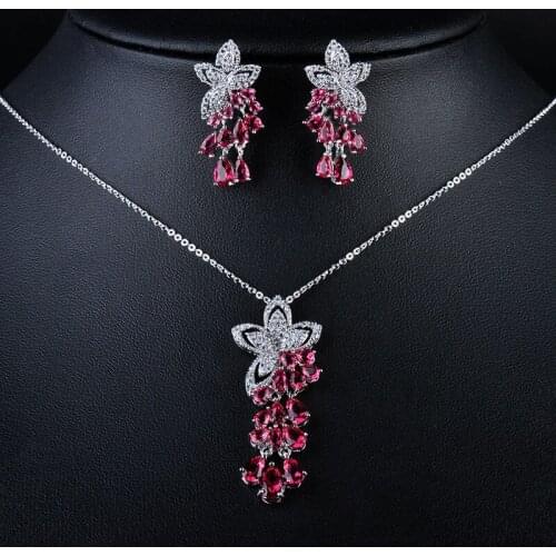 Womens Fashion White Gold Color Filled CZ Red colors Necklace+Earrings Flower Wedding Jewelry Sets GLDT0697