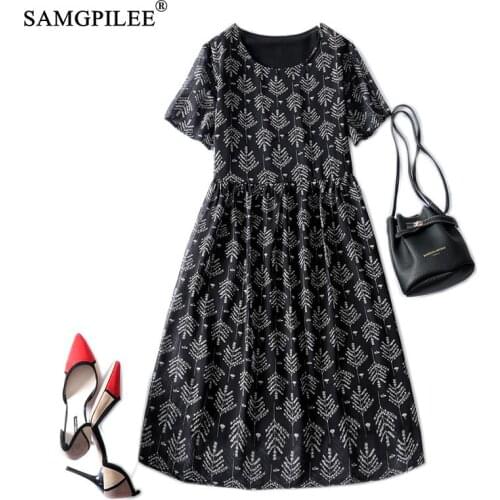 Casual Womens Dresses Office Lady A-line Print Short Sleeve Knee-length Empire O-neck Loose Waist Chiffon Thin Black Dress