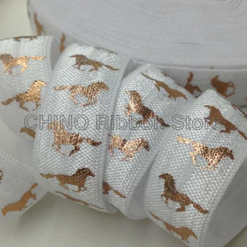 10 yards 5/8" Rose Gold Foil Horse White Fold Over Elastic Horse Print FOE Elastic for Girl Hair Tie DIY Ribbon Hair Accessories