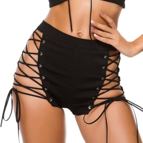S-XL Plus Size Women Lace Up Bandage High Waist Booty Shorts Back Zipper Hot Sexy Hollow Out Micro Mini Short Bermudas Clubwear