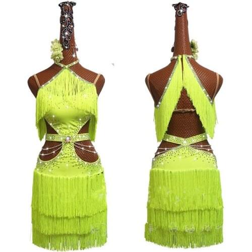 Latin Dance Skirt Adult Female Competition Performance Costume High-end Fluorescent Green Tassel Latin Dance Dress Women Custom