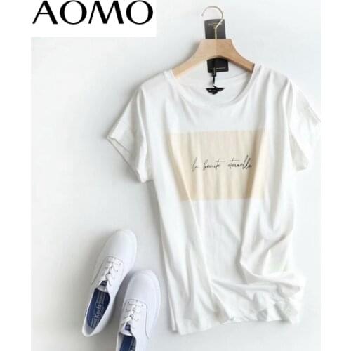 AOMO Women Print White Cotton T Shirt Short Sleeve O Neck Tees Ladies Casual Tee Shirt Street Wear Top 6D1A