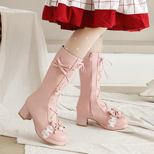 2020 Autumn Winter Fashion Princess Lolita Mid Calf Boots Girls JK Cosplay Wedding Party Shoes Cross Tied Bow Design Pink Female