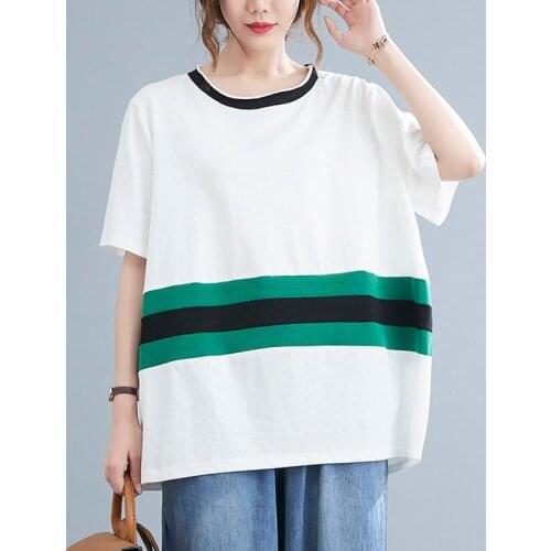 Women Summer Cotton Casual T-shirts New 2021 Simple Style O-neck Patchwork Striped Loose Female Short Sleeve Tops Tees B328