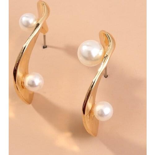Korean Design Imitation Pearl Stud Earrings For Women Elegant Geometric Metal Gold Color 2020 Fashion Jewelry