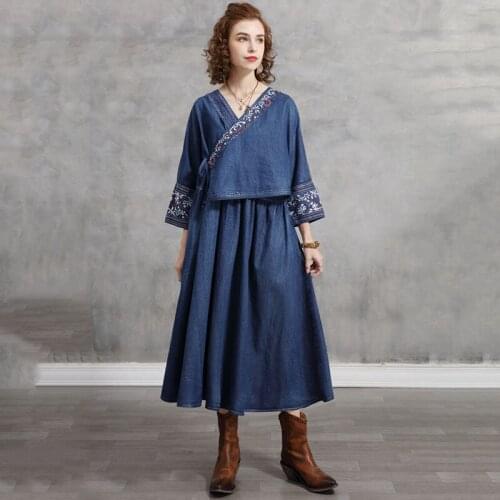 SeeBeautiful Oblique Lace Up Embroidery Loose A-line Denim Dress V-neck Three Quarter Sleeve New Fashion Summer 2021 Woman E276