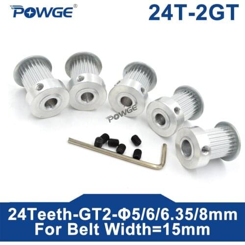 POWGE 24 Teeth 2GT Timing Pulley Bore 5mm 6mm 6.35mm 8mm for width 15mm GT2 Synchronous Belt Small Backlash Gear 24Teeth 24T