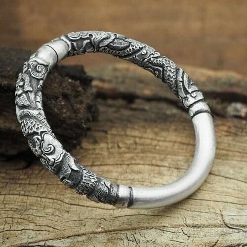 Free Sent Certificate Pure S999 Silver Bangle Solid Vintage Carved Dragon & Phoenix Lucky Lovers Bless Bracelets 75g