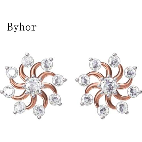 Byhor Solid 14K White/Yellow+White/Rose+White Gold 1.036ct H/SI Natural Diamond Fine Jewelry Wedding Flower Stud Earrings Cерьги