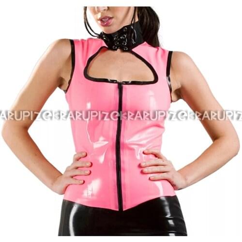 Baby Pink With Black Trims Sleeveless Sexy Latex Shirt With Zip Front Lacing At Collar Rubber Clothes Clothing Top YF-0184