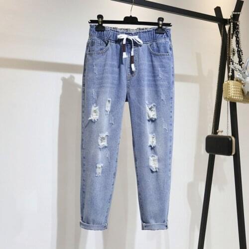 Large hole jeans womens high waist Capri Pants summer blue loose Korean oversized Harlan pants