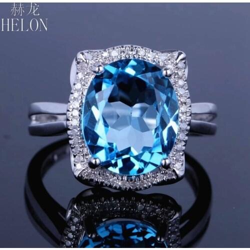 HELON Solid 14K White Gold Oval 10X12mm Genuine Blue Topaz Natural Diamonds Engagement Wedding Women Fine Jewelry Diamond Ring