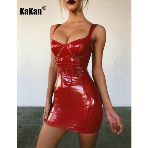 KaKan Sexy Shiny Wrap Chest Sling Waist PU Dress 2020 European and American Spring Hot PU Dress