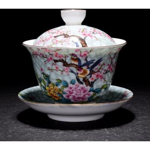 China Jingdezhen ceramic covered bowl handpainted pink flowers birds tureen tea cup blue and white Kungfu teaware teacup
