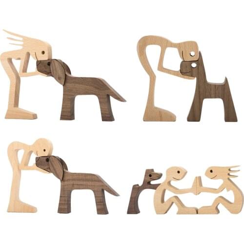 Creative Decoration Wooden Puppy Home Office Desktop Decoration Puppy Family Wood Carving Decoration Crafts Love Pet Sculpture