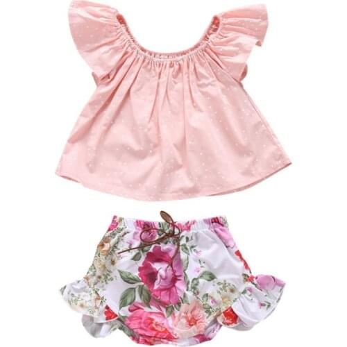 Summer 2PCS/Set Fashion Kids Girl Flare Sleeve Tops+Floral Briefs Shorts Hot Baby Girls Clothes Cute Baby Girl Clothing Set