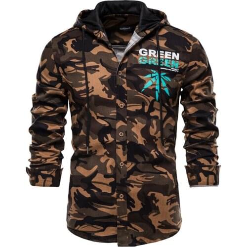 Mens Shirt Cotton Hooded Print Camouflage Mans Shirts Casual Long Sleeve Men Tshirt Spring and Autumn