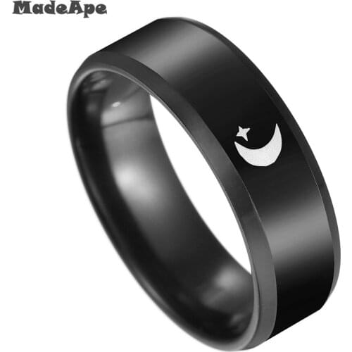 MadApe New Hot 316L Titanium Steel Moon And Star Simple Ring Black Color High Polishing Engraved Ring For Women Men Gifts