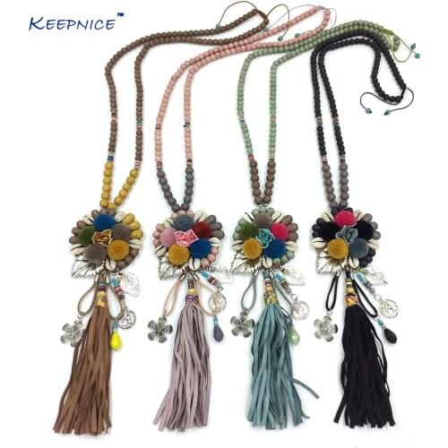 New Bohemia Jewelry Multicolor Beads Necklace Pompom Flower Pendents Necklace Lether Tassel Tree Of Leaf Pendant Necklace