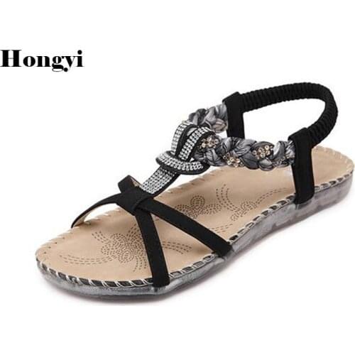 Fashion Suede Leather Women Sandals Bohemian Diamond Slippers Woman Flats Flip Flops Shoes Summer Beach Sandals size10