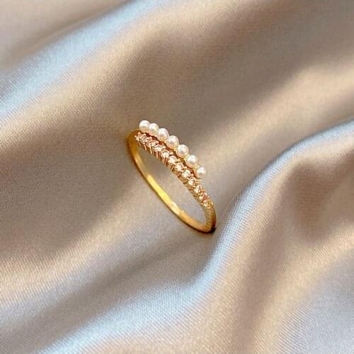 Light Luxury Fashion Zircon Pearl Womens Ring Adjustable Personality Cold Japanese and Korean Style Index Finger Ring