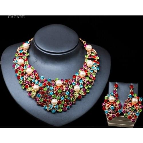 Vintage Jewelry Sets Women Big Necklace Earring Set Dubai Gold Indian Jewellery F1096 Rhinestone Party Jewels 3 Colors CACARE