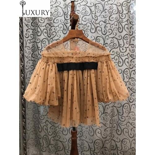 Fashion Summer 2020 Spring Sexy Women O-Neck Color Block Flower Print Puff Sleeve Casual Vintage Tops Blouses Ladies