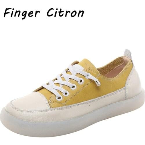 Finger Citron Genuine Cow Leather Women Casual Shoes Round Toe Gum-Rubber Outsole Soft Leasure By Handmade Lady Style Size 35-42