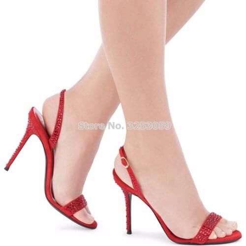 ALMUDENA Ladies Luxurious Red Black Glittering Crystal Dress Sandals Slingback Strappy Wedding Shoes Shining Rhinestone Pumps