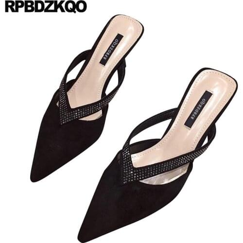 Suede black kitten pumps rhinestone medium heels thin diamond evening crystal size 4 34 ladies dress shoes discount pointed toe