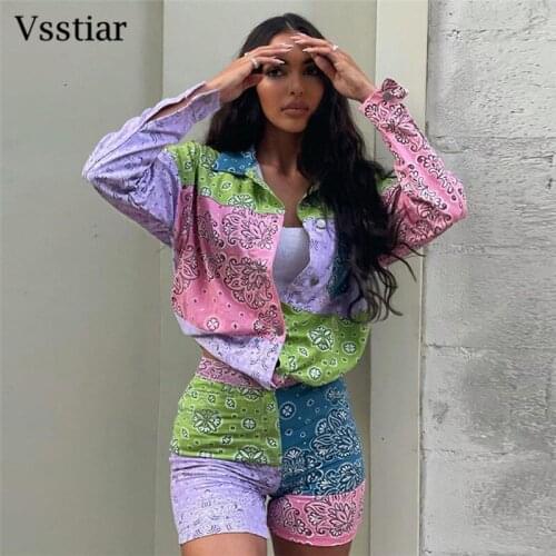 Vsstiar Fashion Printed Shorts Sets New Women Autumn Button Up Blouse Shirts Mulit Casual Beach Two Piece Set High Waist Suits
