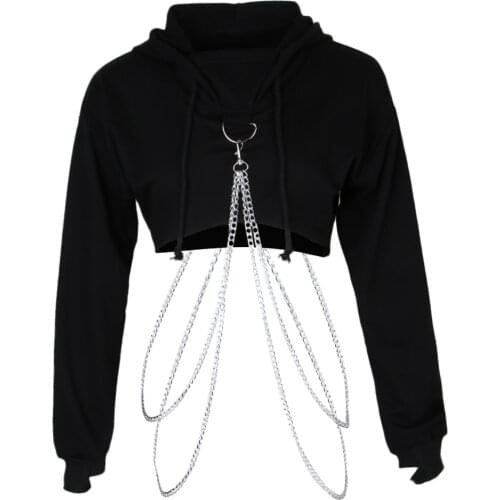 Women Fashion Long Sleeve Pullover Hoodie Crop Top Metal Chain Sweatshirt Women Pullover Hoodie with Alloy Chain