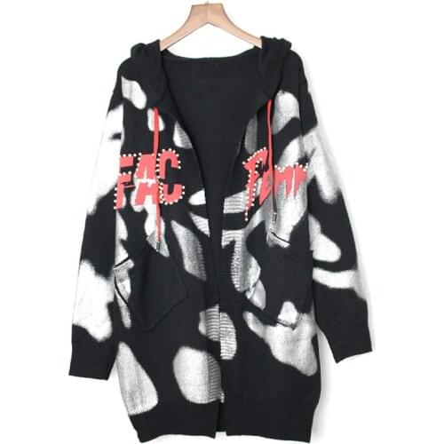 Leopard Beading Knit Cardigans Thick 2019 Winter Korean Style Fashion Ladies Womens Hooded Sweaters Vintage Plus Size