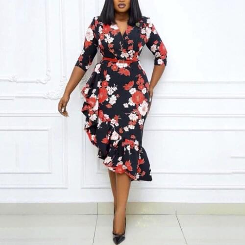 Office Dresses For Ladies 2021 Formal Classy Floral Print Mermaid Bodycon High Waist Mid Calf Elegant Business Work Wear Dress