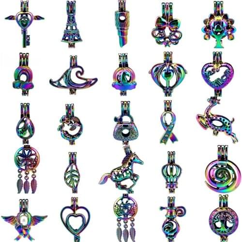 1X Rainbow Cage Dream Catcher Key Mermaid Heart Deer Snail Bowknot Locket Perfume Diffuser Oyster Pearl Beads Cage for Pendant