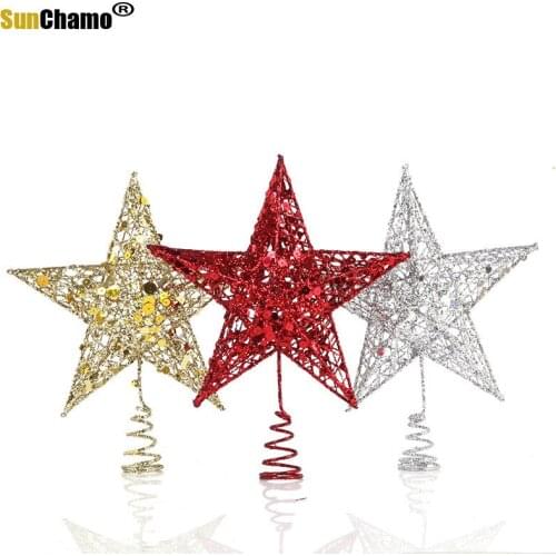 2021 Five-pointed Star Wrought Iron Ornaments Tree Top Star Sequins Vertical Christmas Decoration Supplies Chritma Decore
