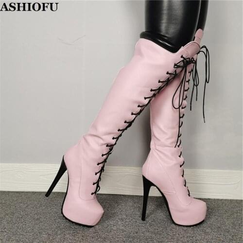 ASHIOFU Handmade New Real Photos Women High Heel Boots Cross-shoelace Sexy Platform Knee Boots Club Evening Fashion Boots Shoes