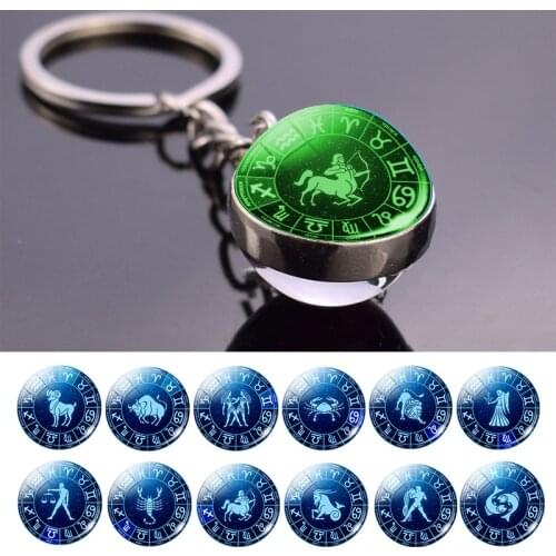 Glow In The Dark Zodiac Sign Glass Ball Keychain 12 Constellation Key Chain Holder Trinkets Men Women Birthday Gift