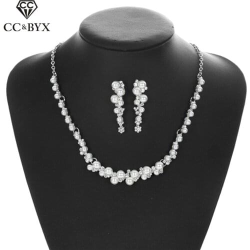 CC Earring and Necklace Wedding Jewelry Sets For Bridal Women Pearl Cubic Zircon Wholesale Romantic Party Beach Accessories D008