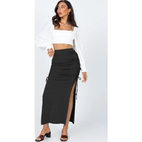 Cotton Sexy Fashion Solid Pleated Shirring Women Skirt Vintage High Waist Elastic Split Long Skirts Autumn Winter Knitted Skirt