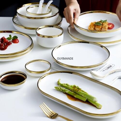 Ceramic Gilt Edging Plate Cutlery Set White Porcelain Dinner Plate Household Kitchen Rice Bowl Salad Plate Tableware