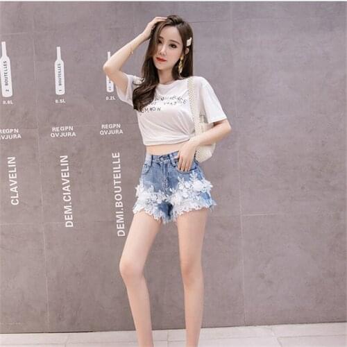 Summer Flower Jean Shorts Women Fashion Embroidery Beading Burrs White Lace Wide Leg Plus Size High Waist Denim Hot Shorts G946