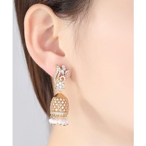 Fashion Bollywood Women AAA Zircon Beads Bell Tassel Drop Dangle Earring Jhumka Jhumki Indian Bridal Wedding Party Jewelry Gifts
