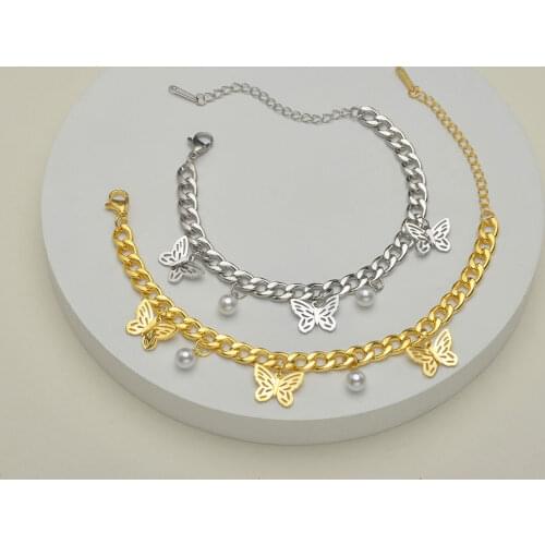 Fashion Stainless Steel Adjustable Bracelet NK Chain Pearl Cute Butterfly Double Layer Bangle for Women Lover Anniversary Gifts