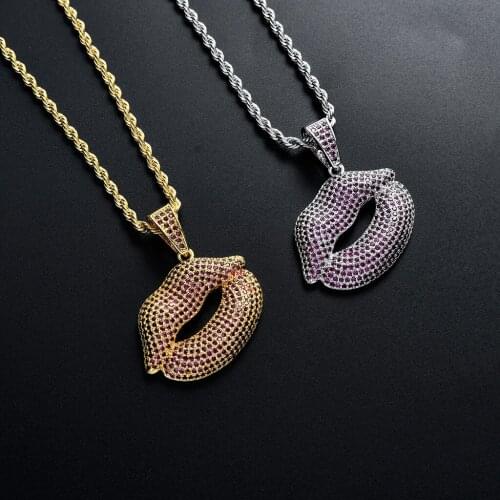 Hip Hop Kiss Lips Pendants Necklaces Luxurious Cubic Zirconal Twist Chains Necklaces for Women Men Party Gifts Jewelry