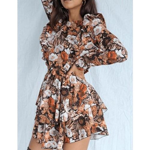 Women Robe Femme Spring Autumn Flower Print A-Line Dresses Patchwork Ruffles Long Sleeve Slim Dress For Woman Vestido De Mujer