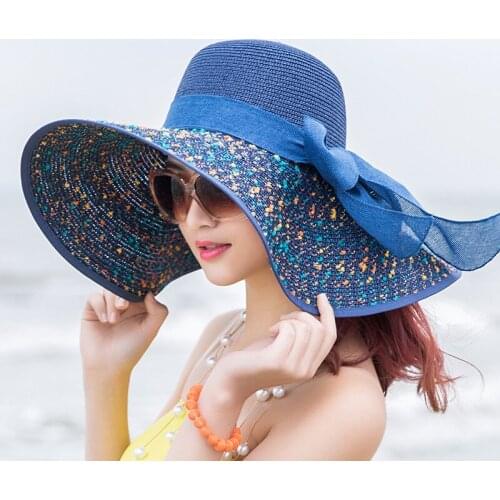 Women Elegant Ladies Summer Hats Straw Hats Bow Beach Foldable Sun Hats