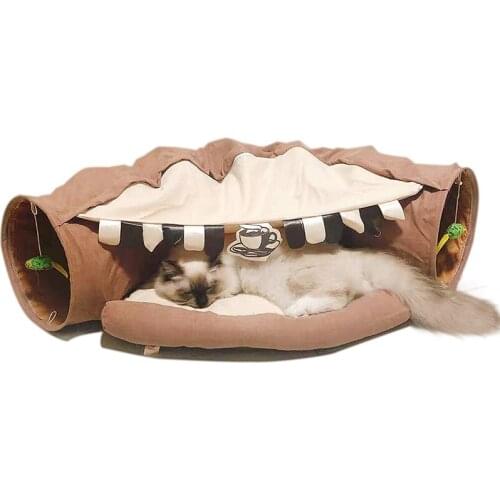 Cat Tunnel Bed 2-in-1 Collapsible Cat Tunnel Tubes Toys with Removable Mat for Pet Cats Kittens Puppies Rabbits Bunnies Ferrets